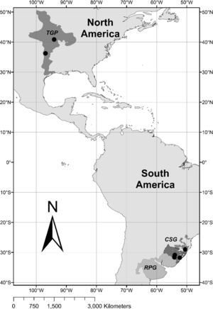 Location of the tallgrass prairie (TGP) and the South Brazilian Campos grasslands (CSG) in North and South America. We also indicate the location of the Rio de la Plata Grasslands (RPG; see text for details) and study locations from which botanical data was collected. Overlapping points were removed for visibility.