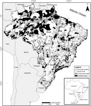 Spatial conservation gaps (grey) correspond to Priority Areas, defined officially by participatory Systematic Conservation Planning exercises, which do not overlap with existing Conservation Units (black). In this optimistic scenario, conservation gaps correspond to 16.5% of the national territory. When APAs are excluded, the conservation gap rises to 21.2%. Priority Areas limits follow MMA (2007, 2016). Conservation Units limits follow CNUC (2017).