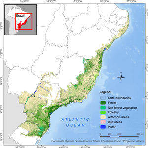 Land use and land cover in the Atlantic Forest biome, Brazil. Native vegetation covers 28% of the biome area (26% by forests and 2% by non-forest vegetation), 2% is covered by water, 2% by built-up areas, 3% by forestry and 65% by other anthropic areas. Classes are described in Table 1.