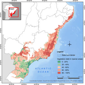 Vegetation debt in riparian areas per municipality in the Atlantic Forest biome, Brazil. Color scale shows the percentage of riparian areas of each municipality that must be restored in order to comply with the Brazilian Law.