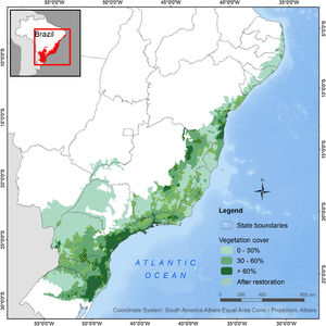 Vegetation cover per municipality in the Atlantic Forest biome, Brazil. Color scale shows the percentage of native vegetation cover per municipality. Municipalities highlighted in dashed yellow will reach the cover class represented in the map after the restoration of their vegetation debt in riparian areas. In total, 495 out of 2068 municipalities would positively cross the vegetation cover threshold of 30%, leading to a scenario with half of the biome area above this limit.