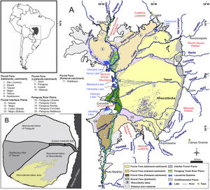 Overview map of the Pantanal wetlands (modified from Guerreiro et al., 2018). Inset map (upper left) shows the location of the Pantanal basin (gray) in South America. (A) Hydrogeomorphology of the Pantanal. Numbers correspond to important fluvial features that comprise the surficial geology of the basin. Note the location of the Upper Paraguay River along the western margin of the basin. (B) Schematic map of the Taquari River megafan. Nhecolândia is a fossil lobe of the Taquari system; the southwestern region is the primary lake district, where >600 soda lakes currently mark the landscape.