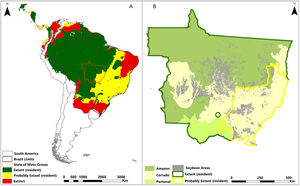 (A) Status of white-lipped peccaries in Central and South America, (B) with emphasis on the state of Mato Grosso, Brazil, where maize and soybean plantations are expanding in the Amazon biome.