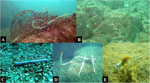 Examples of abandoned, lost or otherwise discarded fishing gear, Arvoredo Marine Biological Reserve, Brazil. (A) Ghost nets and ropesropes; (B) fishing line; (C) fishing lead; (D) anchor; (E) hook-and-line (Photos A–D: Jessica Link; Photo E: Edson Faria Júnior).