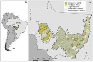 (a) Location of the wider study area in the Brazilian cerrado biome within the 903,357-km2 state of Mato Grosso, Brazil; (b) and the spatial extent of the cerrado biome within Mato Grosso. Protected areas under the Brazilian National System of Conservation Units (SNUC) and Indian Lands are indicated by green and orange polygons, respectively. Light green contours indicate Legal Reserves within 48,762 private landholdings. (For interpretation of the references to color in this sentence, the reader is referred to the web version of the article.)