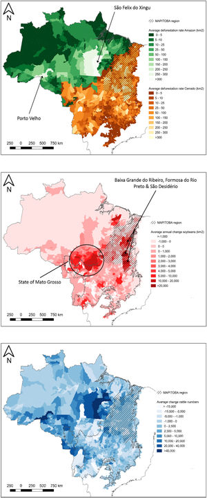 Maps of (a) average annual clearing rates between 2006 and 2017 for Amazon (INPE, 2018a) and Cerrado biome (INPE, 2018b), (b) average annual rate of change in area planted with soybeans between 2006 (when the soy moratorium came into force) and 2017 (IBGE, 2019), and (c) average annual change in number of head of cattle being grazed between 2009 (when the TAC came into force) and 2017 (IBGE, 2019), per municipality in the Amazon and Cerrado biomes.
