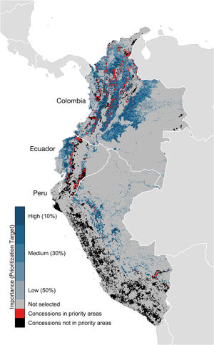 Importance of sites (i.e. 8.4km×8.4km grid cells) for 22 species of Neotropical migratory birds, based on spatial prioritizations using eBird-generated models, and mining concessions in Colombia, Ecuador, and Peru. Percentages indicate percentage of bird populations that would be supported if the site were protected, with 10% being most important and 50% being least important.
