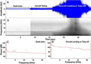 Airport noise profile in a 30-s audio containing a quiet place soundscape and two airport soundscapes (aircraft taxing and aircraft landing or take off). (A) Waveform audio representation; (B) spectrogram audio representation; (C) power spectrum of the quiet area; and (D) power spectrum of the aircraft landing or take-off. All audio segments were recorded using Automated Recording Units (ARUs) in São Paulo state, on 08 December 2014.