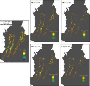 Potential distribution maps overlaid for the 30 species of anurans assessed. Under current climatic conditions and land use cover maps to 2005 show (a) climate stabilization scenario; (b) climate trend scenario; (c) plus cropland intensification scenario. (c). Climate stabilization scenario (d) and climate trend scenario (d) plus an increase in pastures scenario.