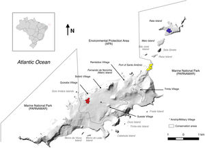 Fernando de Noronha archipelago map. Sampling sites coloured. Credit: Ricardo Dias.