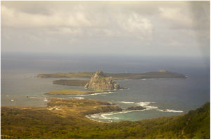 North-east view of Fernando de Noronha. At the bottom, the main island and stepping stones of Rasa, Sela Ginete, Meio and Rata Islands at the top. Credit: James Russell.