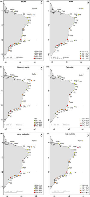 The distribution of threatened reef fish species proportion in different biological attribute along the Brazilian Province. (a) Macrocarnivores (MCAR); (b) Mobile invertivores (MINV); (c) Elasmobranchii; (d) Teleostei; (e) Large-bodied species; (f) Highly mobile species. The color gradient represents the percentage of threatened species with each attribute. Sites: SC, state of Santa Catarina; PR, state of Paraná; SP, state of São Paulo; RJ, state of Rio de Janeiro; Igr, Ilha Grande Bay; ArC, Arraial do Cabo; ES, state of Espírito Santo; Abr, Abrolhos; BA, state of Bahia; Tri, Trindade-Martin Vaz insular complex; VTC, Vitória-Trindade chain; AL, state of Alagoas; PB, state of Paraíba; PE, state of Pernambuco; RN, state of Rio Grande do Norte; CE, state of Ceará; PA-MA, states of Pará and Maranhão; PML, Manuel Luís Parcel; SpSp, São Pedro and São Paulo Archipelago; FN, Fernando de Noronha Archipelago; ROC, Rocas Atoll.