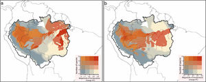 Species richness of primates that are critically exposed to non-analog temperatures. Critically exposed species are forecasted to experience temperatures that exceed the upper limits observed across current ranges. In the Mitigation scenario (a), most of the studied species (n=67) are expected to be critically exposed to non-analog temperatures, while in the (b) business-as-usual scenario, nearly all (n=77) primate species might be exposed.