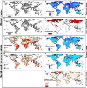 Potential distribution of Rhipicephalus sanguineus sensu lato based on present-day conditions. Left panels show model outcomes; right panels show model variability. A. Current suitable including areas of strict extrapolation. B. Variance in model in current projection coming from replicates. C. Current suitable without strict extrapolation areas. D. Areas of strict extrapolation. E. Agreement among suitable areas created with the 4 regions of calibration including areas of strict extrapolation. F. Median of variance from replicates in current projections of models created with 4 calibration regions. G. Agreement of current suitable areas predictions excluding areas of strict extrapolation. H. Median of variance from parameters in current projections of models created with 4 calibration regions. I. Agreement among areas of strict extrapolation from the 4 calibrations regions.