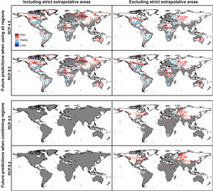 Summary of predictions for Rhipicephalus sanguineus sensu lato when models are created with data from all regions together and when models are created with each region and their results combined. Implications of including or excluding areas of strict extrapolation are shown for the two cases.