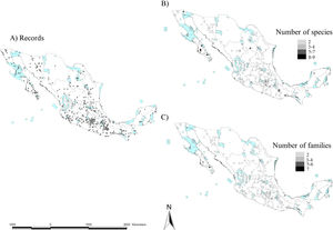 Scorpion hotspots and their protection status in Mexico. A) Species records inside a natural protected area, B) species hotspots and C) family hotspots. The area in blue indicates the area of the natural protected area system.