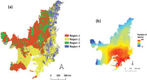 Refugia and high-risk areas according to the climate and land-use changes projected for the Cerrado until 2050 (a) and present richness of bird species (b). Region 1: places with less native vegetation and high climatic anomaly – high risk; Region 2: places with less native vegetation and low climatic anomaly; Region 3: places with more native vegetation and high climatic anomaly; Region 4: places with more native vegetation and low climatic anomaly – refugia.