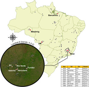 Distribution of all tailing’s dams along Brazilian territory. Red dots: tailing dams failures; Black dots: tailing dams. Source: Agência Nacional de Mineração (ANM).