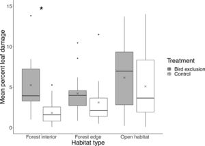 Boxplot showing mean percent leaf damage at each habitat type and treatment. Boxes represent first, median and third quartiles; whiskers indicate maximum and minimum values no more than 1.5 times the interquartile range; black circles represent outliers; crosses indicate means. Significant pairwise comparisons between treatments from Tukey's HSD tests are indicated with an asterisk.