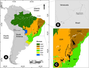The disjunct spatial distribution of the Campo Rupestre (black areas in the maps) across Brazilian Biomes. (A) South America focusing on the Brazilian territory. Two small portions of the Campo Rupestre are shown in panel A circles (Carajás and Serra Ricardo Franco), both contained in the AMZ. (B) A detailed panel of the Campo Rupestre portions at the Northern Brazilian region, and (C) at the Northeastern and Southeastern Brazilian regions. Biomes classification according to IBGE (2019): AMZ: Amazonia, CAAT: Caatinga, CER: Cerrado, MAT: Mata Atlântica, PMP: Pampa, PTN: Pantanal.