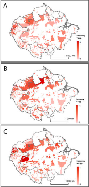 Distribution of Amazonian Indigenous Territories classified according to A) the number of Threatened (T) bat species; B) the number of Data Deficient (DD) bat species; and C) the number of Not Evaluated (NE) bat species occurring within their boundaries. Shadowed areas in red correspond to recognised Indigenous Territories (ITs).