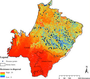 Friction surface for giant armadillo (Priodontes maximus) dispersal and presence points in the state of Mato Grosso do Sul, Brazil.