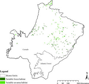 Suitable forest and savanna habitats (≥10 km2) for giant armadillo (Priodontes maximus) in Mato Grosso do Sul, Brazil.