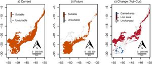 Environmentally suitable areas for Euterpe edulis across the Atlantic Forest. (a) Current suitable area; (b) future (2070) suitable area; (c) change in suitable area (future–current). Maps 2a and 2b are the binary version of maps 1a and 1b, respectively, with each pixel classified as either environmentally suitable (orange) or unsuitable (white) for the species. In (c), red pixels are suitable under current conditions but will be unsuitable in the future; blue pixels are unsuitable under current conditions, but will become suitable in the future; and gray pixels will maintain their current status (environmentally suitable or unsuitable). (For interpretation of the references to color in this figure legend, the reader is referred to the web version of this article.)