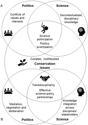 Key aspects and intersections between science, politics and conservation issues in two contrasting situations. A. When science politicization and politics scientization result from using decontextualized, disciplinary scientific knowledge on complex multifaceted issues to support a political view, leaving behind the conflicts of values and interests. B. When transdisciplinary processes are conducted within science-policy partnerships by integrating interdisciplinary knowledge and knowledge of relevant stakeholders to focus on a goal related to a conservation issue that was agreed through mediation and negotiation of values and interests.