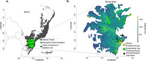 (a) The Atlantic Forest (dark gray) with the Araucaria Forest ecoregion (green) showing the three Brazilian states which mainly encompass the ecoregion: Paraná (PR), Santa Catarina (SC), and Rio Grande do Sul (RS); (b) The Araucaria Forest altitude map and the distribution of Conservation Units: Strictly (yellow) and Sustainable Use Protected Areas (green); black dots represent the occurrence of 97 ethnoecological interviews in this study. We highlight that three interviews occurred at São Paulo state (beyond the Araucaria Forest ecoregion) at Cunha municipality.