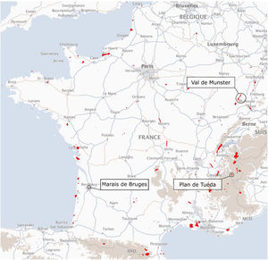 Map representing the current natural nature reserves (NNRs) in France. NNRs are shown in red, while the three case studies used for the qualitative analysis are indicated. The NNRs located in the Val de Munster area on the map are part of more recent NNR projects than the one studied in this article.