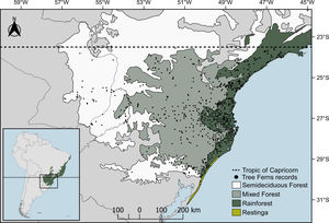 Delimited study area and vegetational types of the subtropical Atlantic Forest. Black dots represent locations (sample plots) of tree ferns’ records used in the study.