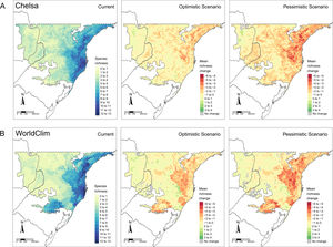 Patterns of tree ferns species richness in the subtropical Atlantic Forest at the current time and the predicted change in the future scenarios using environmental data set from (A) CHELSA and (B) WorldClim. The first-panel column shows current richness, the second – shows the mean richness change in the optimistic scenario, and the third – shows the mean richness change in the pessimistic scenario.