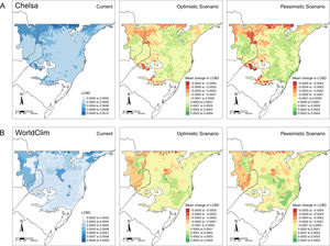 Patterns of tree ferns Local Contribution to β-diversity (LCBD) in the subtropical Atlantic Forest at the current time and the predicted change in the future scenarios using environmental data set from (A) CHELSA and (B) WorldClim. The first-panel column shows the current LCBD, the second- shows the mean LCBD change in the optimistic scenario, and the third- shows the mean LCBD change in the pessimistic scenario.
