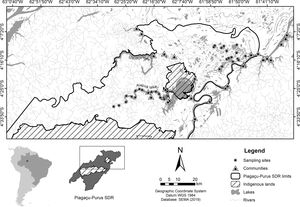 Map of the study area at the Piagaçu-Purus Sustainable Development Reserve. Circles indicate sampling sites (n = 33) at várzeas (upper right corner) and at ria lake habitats (lower left corner). Triangles indicate the nearest communities in the sampling area.