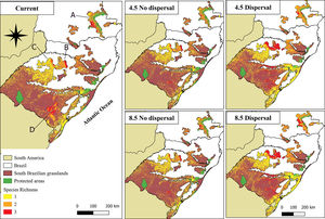 Species richness of palm species in the South Brazilian grasslands under current conditions and the different future emissions (RCPs 4.5 and 8.5) and dispersal scenarios for 2050 obtained from the ESM models. A: Campos Gerais, B: Planalto Médio, C: Campos das Missões, D: Serra do Sudeste.