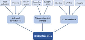Hazards that have the potential to impact local restoration projects can be grouped into distinct themes. The ones shown here are not exhaustive.