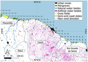 Brazilian semi-arid coast (equatorial Southwestern Atlantic, northeastern Brazil) showing the states included (Maranhão, Piauí, Ceará, Rio Grande do Norte), land cover (urban areas, mangroves, natural and artificial water bodies, dunes fields) and main wind direction. Data sources - water bodies: ANA (2020); wind direction: Amarante et al. (2001); Urban areas: Farias et al. (2017); Mangrove areas: Freitas et al. (2018).