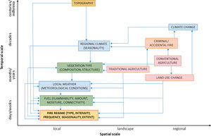 Main conditions influencing fire regimes according to different spatial and temporal scales (adapted from Liu and Wimberly, 2015).