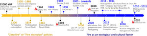 Main landmarks related to use and fire throughout the history of Brazil, from European colonization until today. The change from yellow to blue color indicates the increasing understanding of the use of fire for ecosystem management in Brazil. (For interpretation of the references to colour in the figure legend, the reader is referred to the web version of this article.)