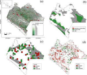 Conservation polygons in Chiapas’ region. (a) Elevation and sampling of records, (b) Federal PNA’s, voluntary conservation areas and Terrestrial Priority Regions (TPR); (c) Terrestrial Priority Sites and (d) Priority Restauration Sites.
