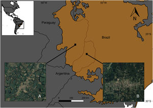 Location of the Atlantic Forest (orange) in Argentina, Brazil and Paraguay. (A): Example of a town in an agricultural landscape matrix in Paraguay. (B): Example of a town in a forest landscape matrix in Misiones province, Argentina.