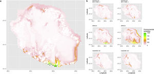 Current (a) and projected future (b) environmental suitability for Phelsuma inexpectata using Chelsa as baseline climate data, no prevalence setting and the whole island as a background. Predictions were filtered to remove agricultural areas. X and Y axes represent the coordinates (WGS84). Black points represent the occurrence data. Future projections (2070) were estimated from three Global Circulation models (GCM) and two RCP scenarios. Left panels represent the most optimistic scenario (RCP26) and right panels represent the most pessimistic scenario (RCP85). Models produced similar results when setting prevalence to 0.5 (Equal total weights).