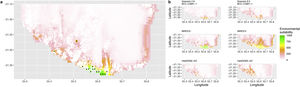 Current (a) and projected future (b) environmental suitability for Phelsuma inexpectata using Chelsa as baseline climate data, no prevalence setting and restricted background. Predictions were filtered to remove agricultural areas. X and Y axes represent the coordinates (WGS84). Black points represent the occurrence data. Future projections (2070) were estimated from three Global Circulation models (GCM) and two RCP scenarios. Left panels represent the most optimistic scenario (RCP26) and right panels represent the most pessimistic scenario (RCP85). Models produced similar results when setting prevalence to 0.5 (Equal total weights).