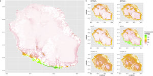 Current (a) and projected future (b) environmental suitability for Phelsuma inexpectata using Worldclim as baseline climate data. Predictions were filtered to remove agricultural areas. X and Y axes represent the coordinates (WGS84). Black points represent the occurrence data. Future projections (2070) were estimated from three Global Circulation models (GCM) and two RCP scenarios. Left panels represent the most optimistic scenario (RCP26) and right panels represent the most pessimistic scenario (RCP85).