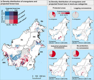 Density distribution of orangutans and summed probability of projected deforestation in land-use areas until 2032. Orangutan density is indicated by blue shades and the probability of deforestation by red shades (individual maps in Fig. S3). Darker colors identify higher levels of orangutan density and summed probability of projected deforestation. b) Forest of strict, sustainable use, and national protected areas were aggregated to a single category. Similarly, industrial timber and oil palm plantations concessions were combined into a single industrial plantation concession class. The proportion of orangutans in areas with low, medium or high levels of forest loss (pie charts, red shades only) and total projected loss of orangutans until 2032 (number in each panel) differed between land-use classes. Numbers shown are rounded to the nearest 100. Only pixels that were forested in 2017 and that have an estimated density of >0.001 orangutans/km2 are represented.