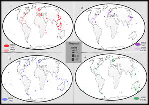 Maps of the analyzed scenarios of island PA coverage and human modification.. Dots’ size represents the threatened species richness of each island. (1) Low Protection (<17%) and High (HMI > 0.2) and Extreme Human Modification (HMI > 0.4); (2) High Protection and High and Extreme Human Modification; (3) Low Protection Low Human Modification; and (4): High Protection Low Human Modification. The size of the dots illustrates the area of each island. Percentages in the figure point out the relative area of islands belonging to each quadrant for each scenario (considering only strict PAs and all of them).
