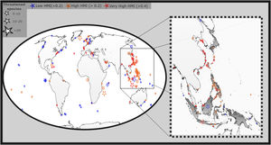 Priority conservation islands. The stars’ size represents the number of threatened vertebrates inhabiting each priority island. The color of stars represents the level of human modification.