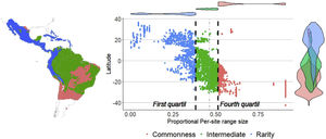 Proportional per-site range size distribution (left) and scatter plot (right) where it can be seen that the rarity sites (blue dots) were found mainly in the Northern Hemisphere. The dotted lines indicate the first and fourth quartiles (black lines) and the median (grey line).