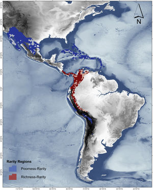 The geographical location of the Conservation Units (cells in light color) within the Richness-rarity (red) and Poorness-rarity (blue) regions.